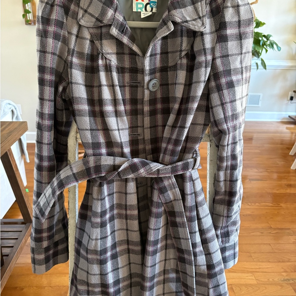 Roxy Gray Plaid Trench Coat